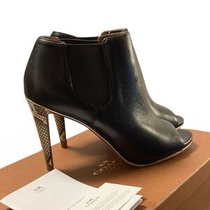 COACH Adrianna Black/Beige Snake Print Open Toe Stiletto Booties - Size 8M